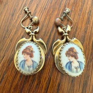 Vintage Gold Clip-On Earrings with Painted Portraits